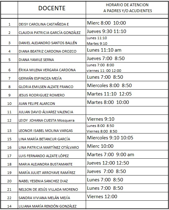 HORARIO DE ATENCI&Oacute;N DOCENTES BACHILLERATO